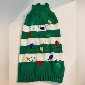 Festive Green and White Striped Dog Sweater with Metallic Lights